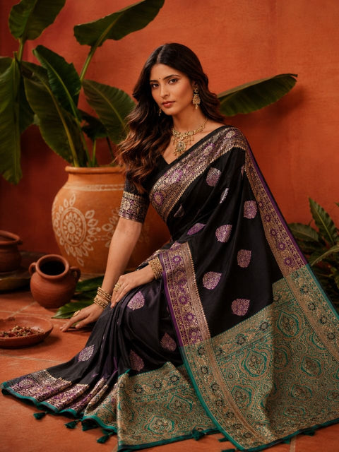 Black Satin Saree with Designer Pallu