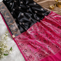 Black Satin Saree with Pink Pallu
