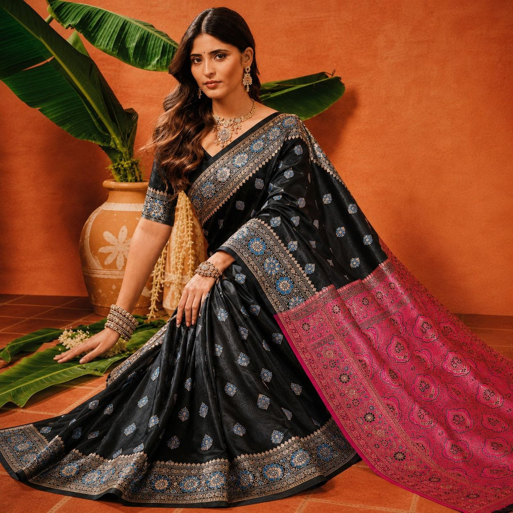 Black Satin Saree with Pink Pallu