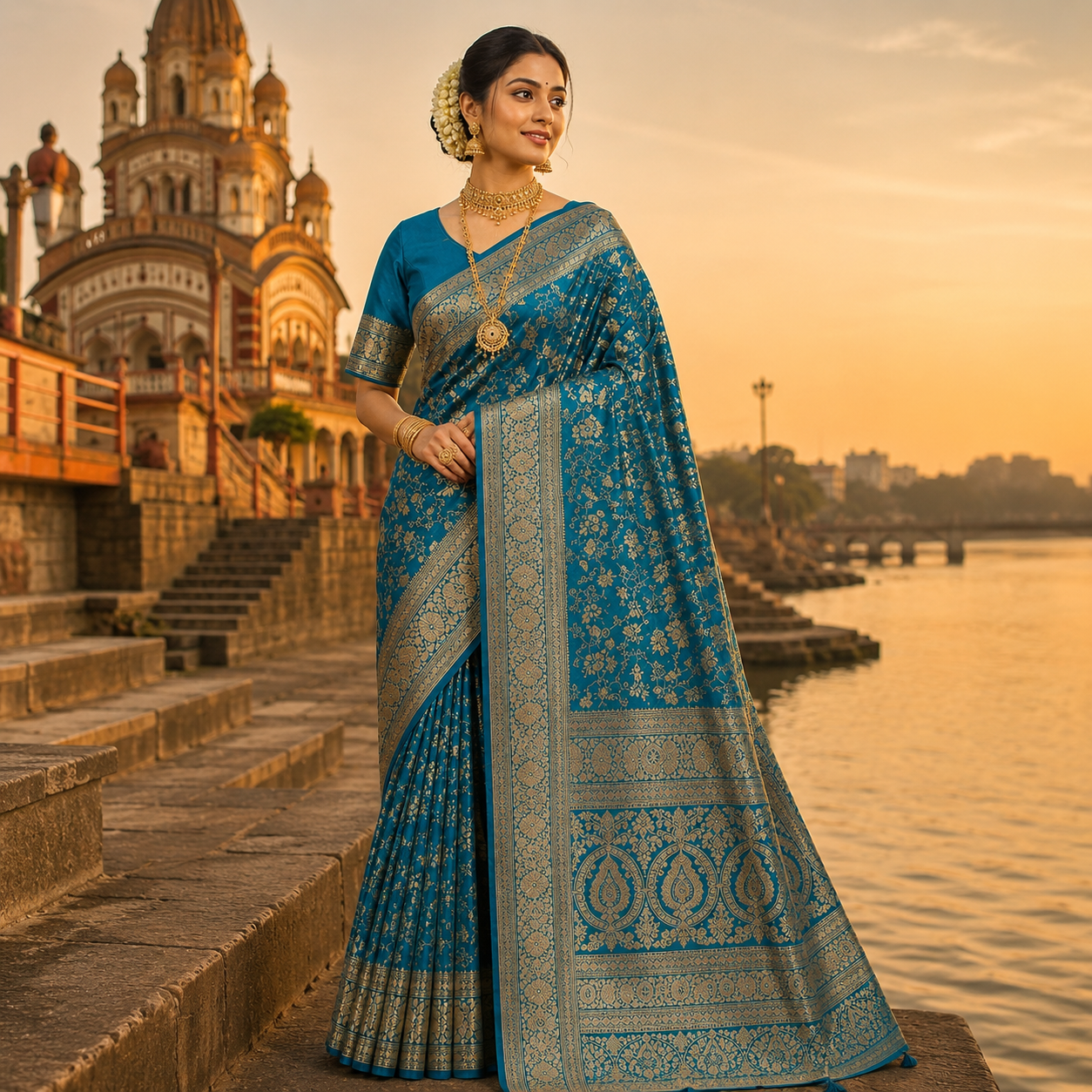 Premium Blue Pastel Satin Saree