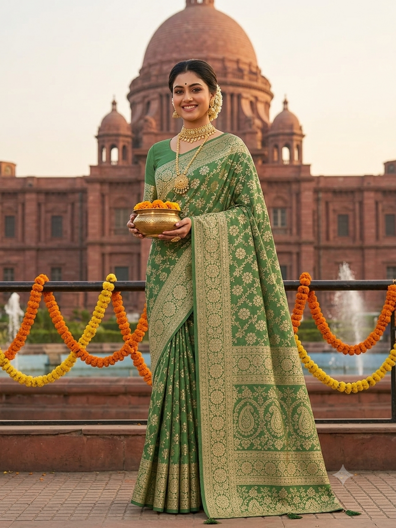 Elegant Green Pastel Satin Saree
